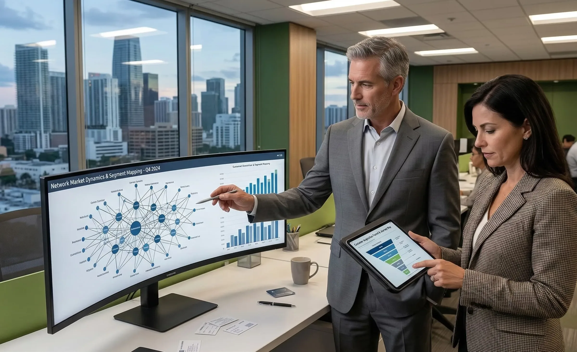 Modern business owners reviewing lead growth and AI SEO performance